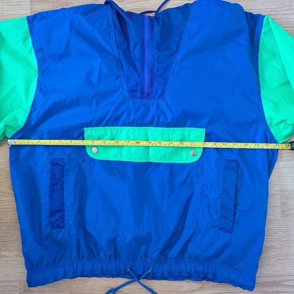 Vintage Badge Windbreaker, Neon Green, Blue, & Purple Hooded Half- Zip, Size L - Picture 12 of 14